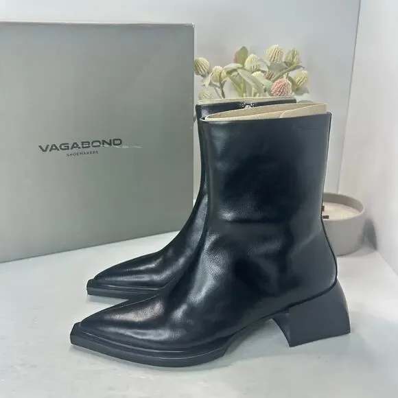 Vagabond Vivian Leather Chunky Block Heel Pointed Toe Boot Black Women 6/EU36NWB - Picture 3 of 9